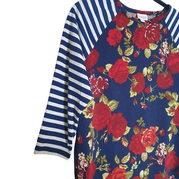 LuLaRoe Randy M Women Floral Rose Striped Raglan Sleeve Top Blouse Casual Blue - Picture 6 of 8